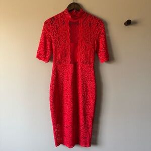 EUC EXPRESS LACE & MESH BODYCON DRESS RED SIZE 4